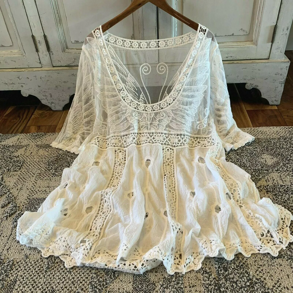 M New White Lace Crochet Boho Folk Tunic Dress Blouse Top Womens Size  MEDIUM OS