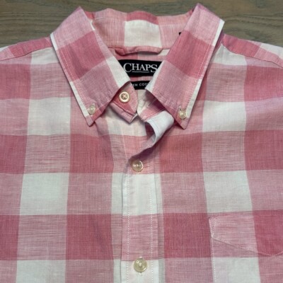 Chaps Linen Cotton Blend Pink Big Gingham Plaid Shirt Mens L Button Up Short Slv