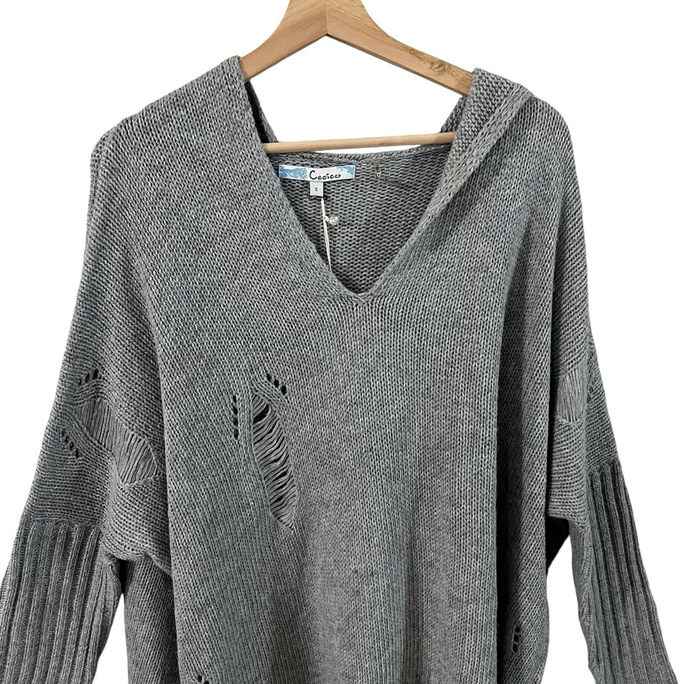 Suéter con Capucha Cecico Talla Pequeña Gran Tamaño Suelto Envejecido Tejido Sudadera con Capucha Gris Foto 4 de 4