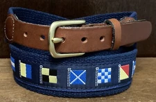 Leather Man LTD Nautical Flags Sz 26 1-5/16”Wide Leather Brass Canvas Belt VGUC