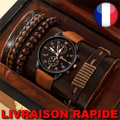 Montre GENEVA + 3 Bracelets Quartz Cuir Marron Homme Ensemble Bijoux Accessoires - Photo 1/2