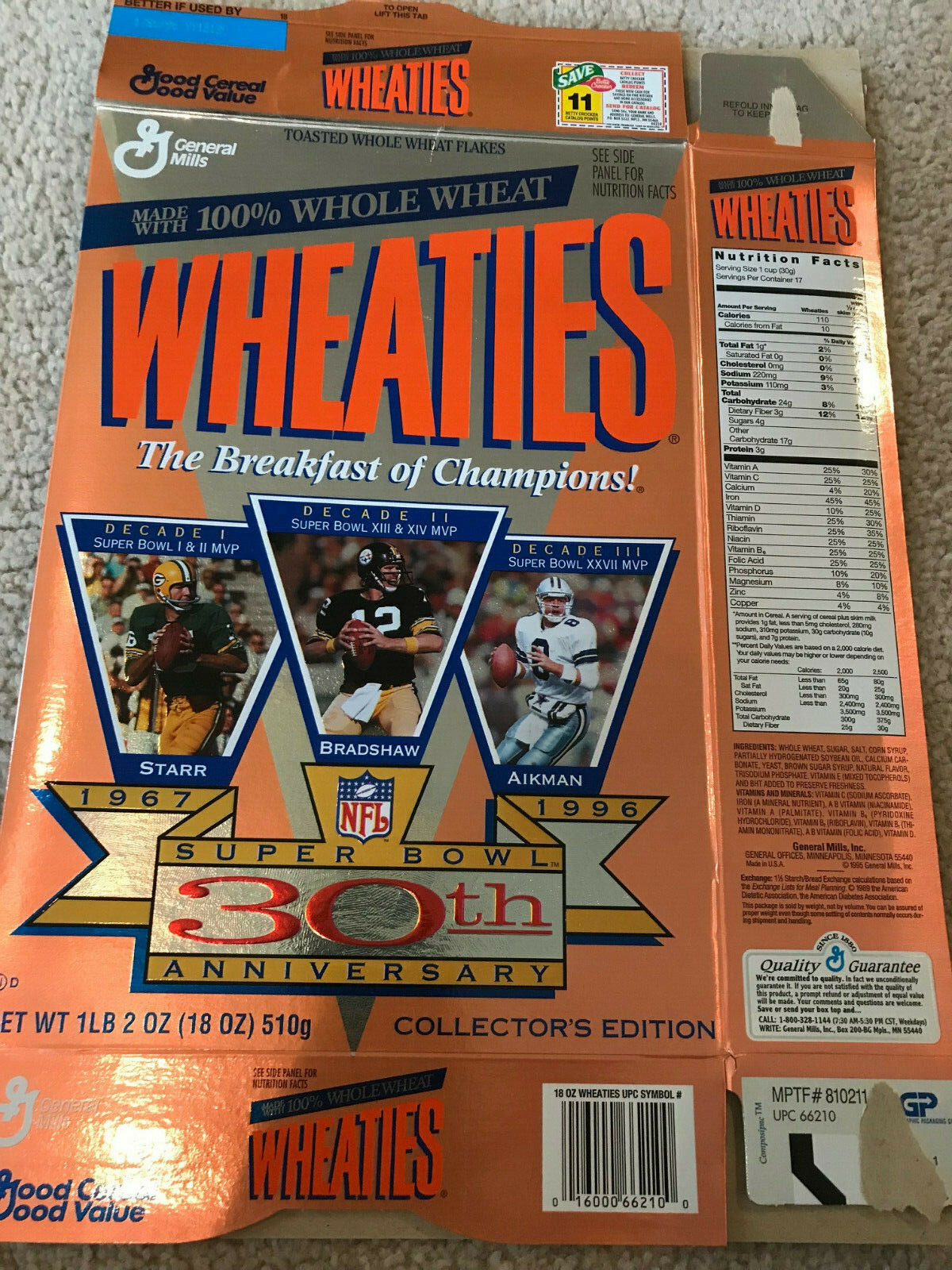 WHEATIES SUPER BOWL 30TH ANNIVERSARY CEREAL BOX BART STARR BRADSHAW AIKMAN eBay