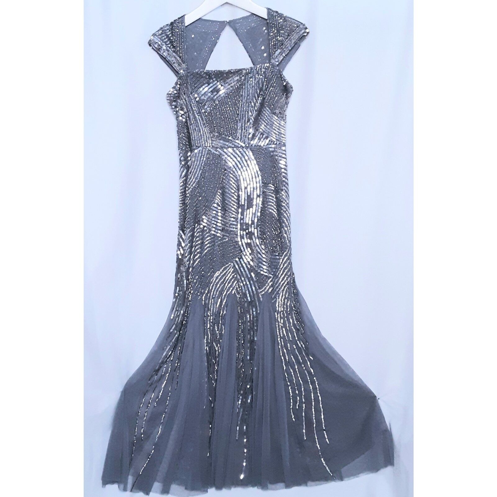 Beaded Evening Gown Retro Art Deco Design Silver … - image 1