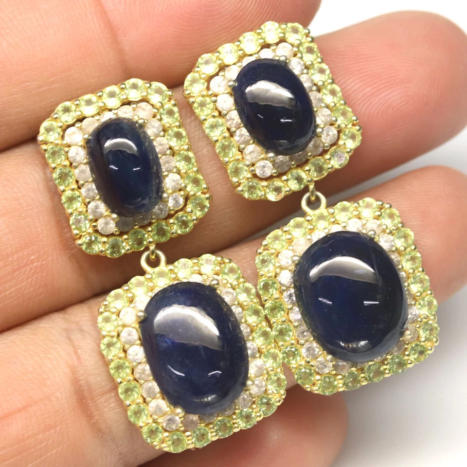 Edelstein Heizbar Blau Saphir, Peridot & Zirkonia Ohrringe 925 Silber 18K Gold - Bild 2 von 4