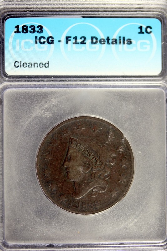 1833 - ICG F12 DETAILS (CLERANED) Large Cent!!  #B19777