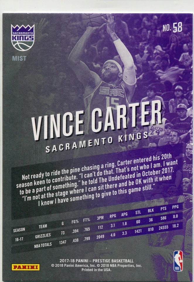 2017-18 PRESTIGE MIST PARALLELS VINCE CARTER SACRAMENTO KINGS HAWKS - H3202 - Image 2 of 2