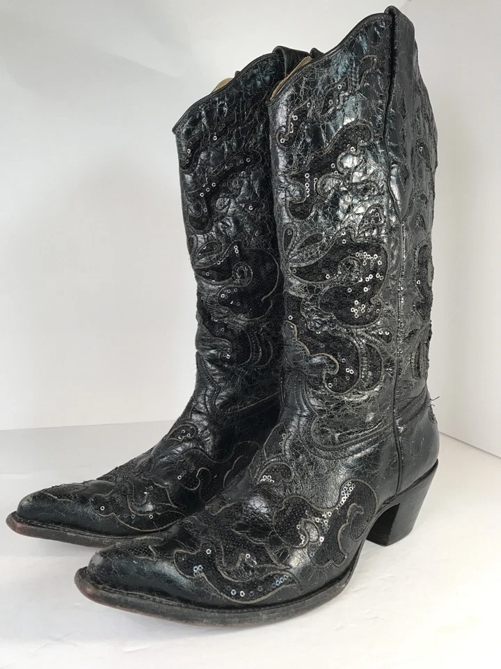 Botas de vaquero Corral Sequence para mujer talla 9 M negras con incrustaciones de cuero de cabra brillantes Foto 2 de 4
