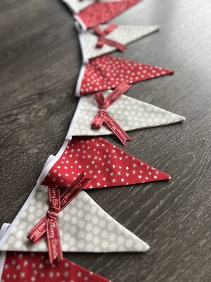 SHABBY CHIC WIMPELKETTE - doppelseitig Weihnachten rot und grau Stoff selbstgemacht