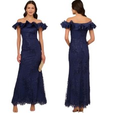 New Adrianna Papel Floral Lace Ruffle Off The Shoulder Gown Blue Womens Size 10