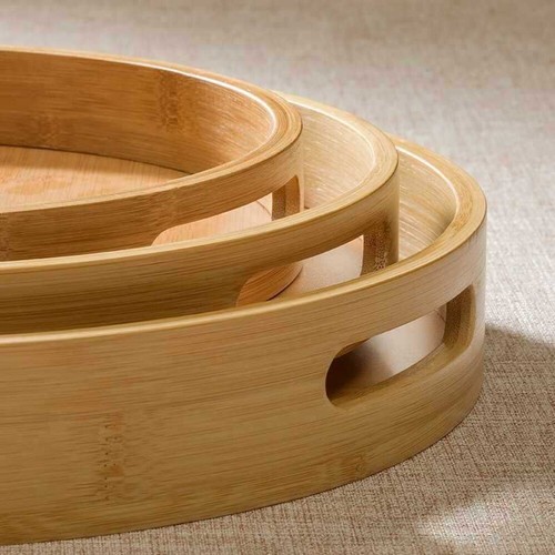 Round Wooden Serving Tray Tea Food Server Kitchen Wooden Tray 25/30/35/40cm UK - Picture 12 of 16