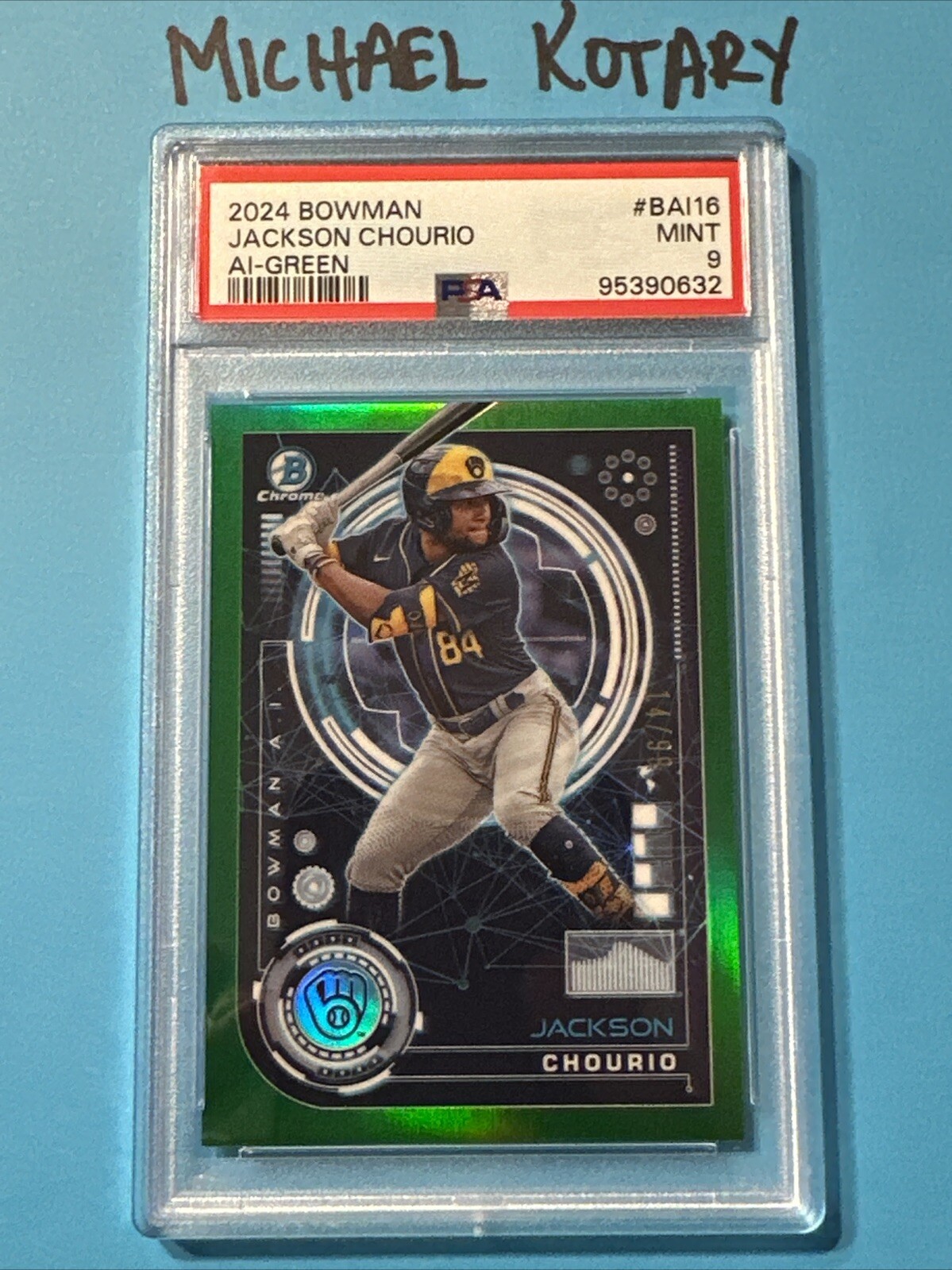 JACKSON CHOURIO 2024 BOWMAN CHROME AI 14/99 GREEN PSA 9 Brewers Bai16 Rookie Sp