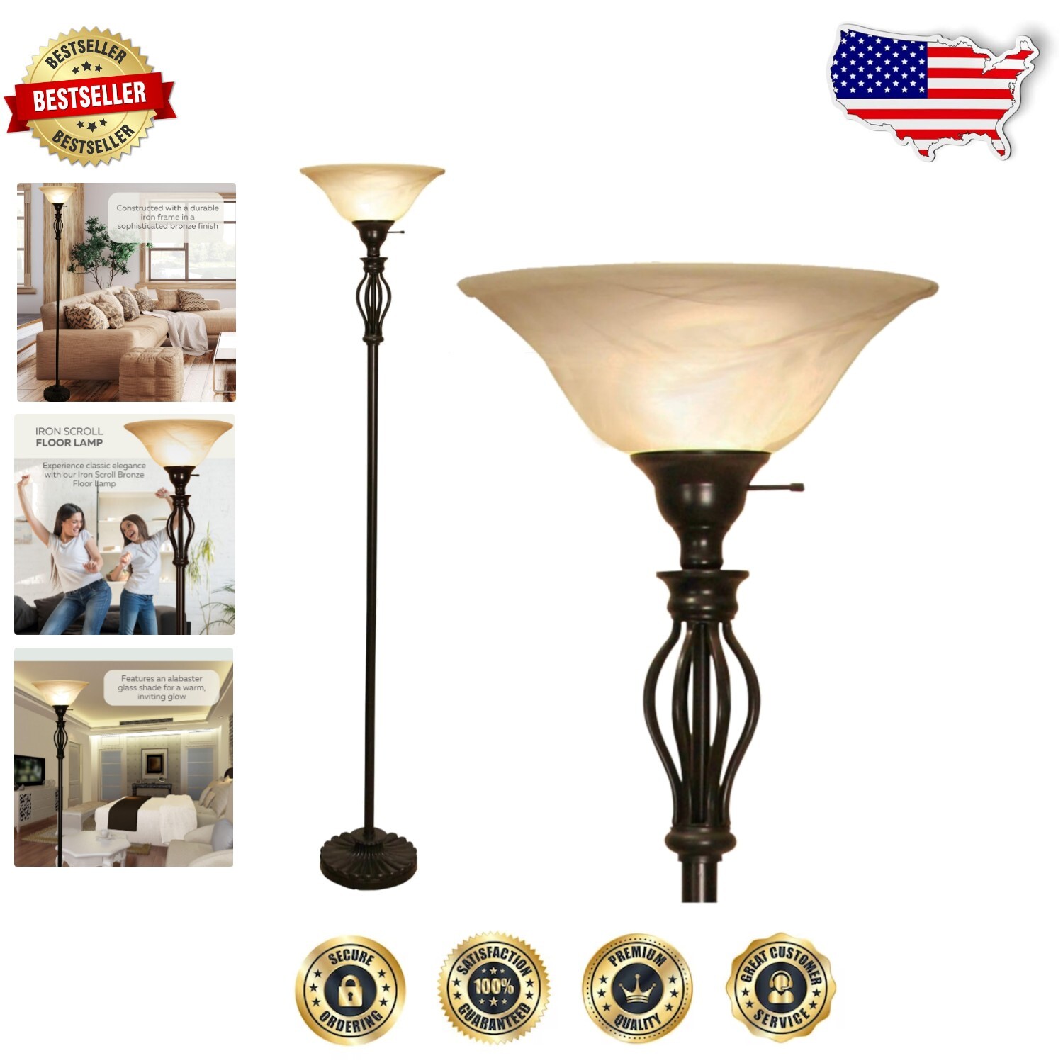 Industrial Chic Bronze Floor Lamp with 36-Inch Alabaster Swirl Glass Shade