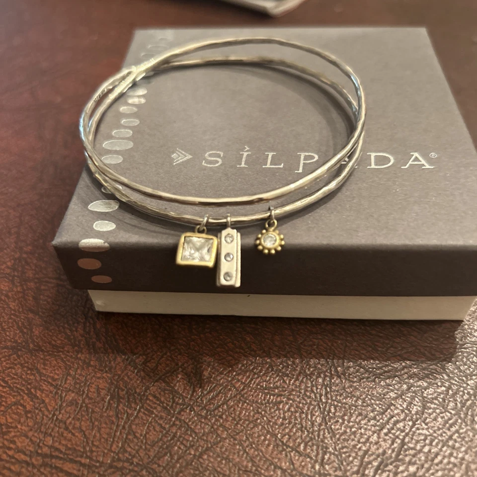 Brazalete doble Silpada plata esterlina circonita cúbica latón dijes B3079 Foto 2 de 3