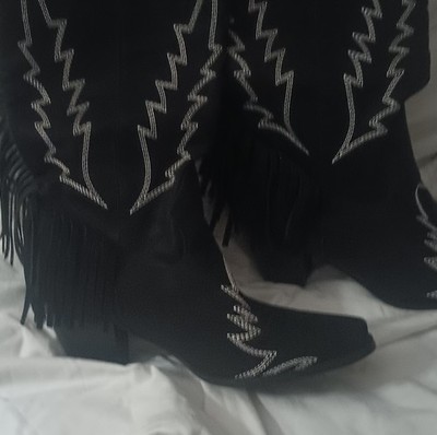 Black Suede Western Fringe Mid-Calf Boots Square Toe Block Heel Women