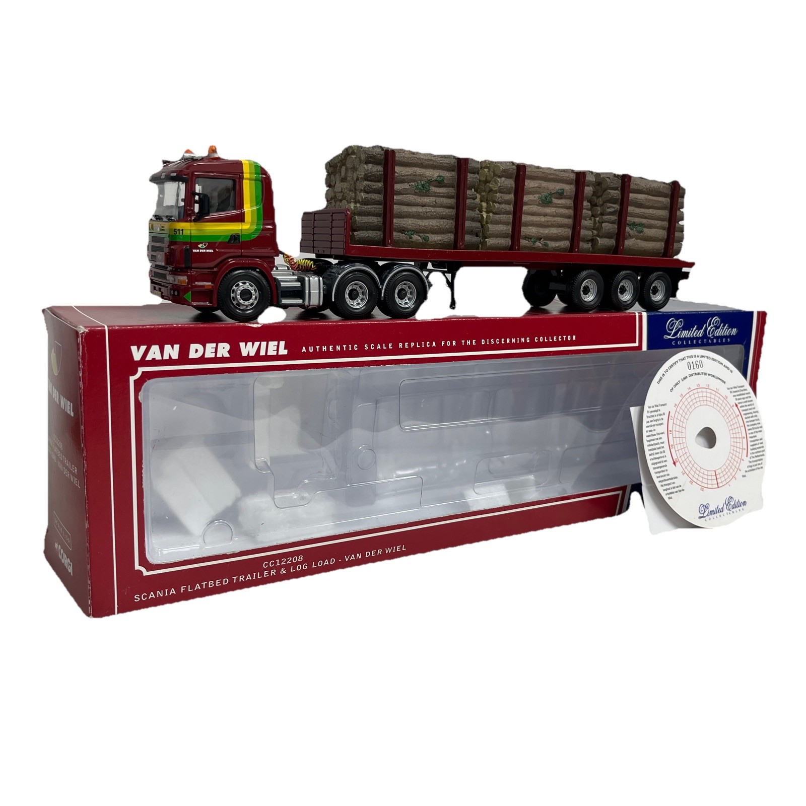 DAMAGED CORGI 1/50 CC12208 SCANIA FLATBED TRAILER  LOG LOAD VAN DER WIEL BOXED
