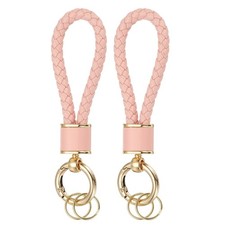2 Pack Braided Leather Keychain for Car Bag Wallet Gold/Pink