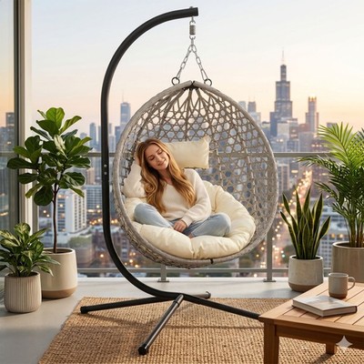 Folding Rattan Hanging Hammock Egg Chair Swing Basket Chair Aluminum Steel Stand
