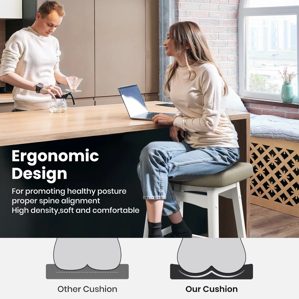 24" Bar Stools Set of 4/3/2/1 Counter Height Saddle Stools White Solid Wood Legs - Image 3 of 4