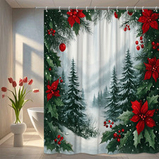 Christmas Shower Curtain with Poinsettias and Pine Trees