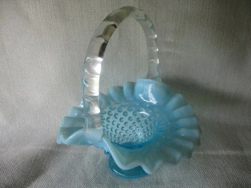 Vintage Small Fenton Blue Opalescent Hobnail Ruffled Glass Basket