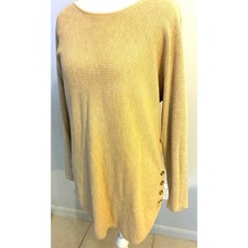 MICHAEL KORS Waffle Knit Tunic Sweater Carmel Brown Gold Buttons Long Sleeve L