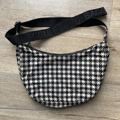 Baggu Medium Nylon Crescent Bag Rare Black and White Pixel Gingham - USA Seller