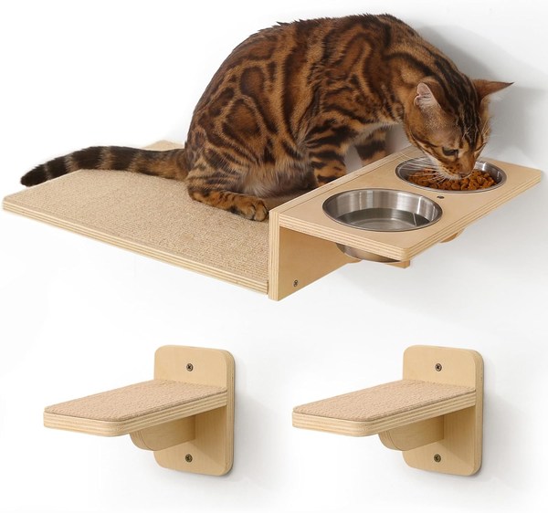 Katzen Kletterwand Set 3-In-1 Spiel Kratzbaum Futterstation | Naturholz-image