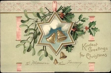 CHRISTMAS star bells mistletoe lacy edge c1905 UDB CLEAVELAND Fredonia NY