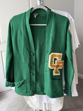 Men's Vintage 70s Varsity Letterman Cardigan Sweater Green Acrylic