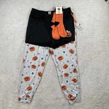 Peanuts Snoopy Halloween Pajama Set Shorts Joggers Socks Black Grey Large NEW