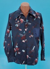 Men's VTG 70s Dark Blue Red Geometric Print Polyester Shirt Sz L 1970s Disco