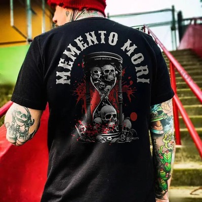 MEMENTO MORI Skull Hourglass Print Men's T-Shirt, Top Menswear, Cotton Tee Shirt