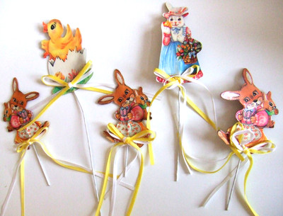 5 x  Osterhasen  OsterDekoration Stecker für Osterstrauß Karton Oblaten