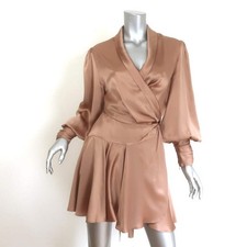 Zimmermann Blouson-Sleeve Mini Wrap Dress Biscuit Silk Satin Size 3