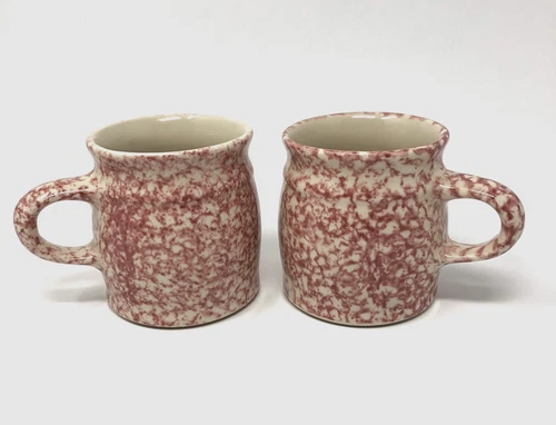 Workshops of Gerald E Henn Pottery Mugs Pink Spongeware Coffee Farmhouse Pair 2