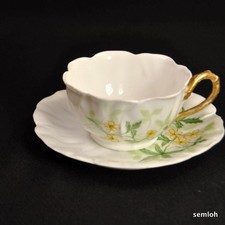 Limoges T&V Cup & Saucer Yellow Flowers w/Gold Twig Handle Artist A. Semple 1891