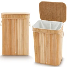 Bamboo Slim Trash Can with Lid, 21 Gallon Large Foldable Slim Rectangular Gar...