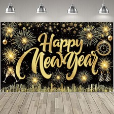 Famoby Happy New Year Fabric Sign Poster Banner Backdrop with X-Large, black