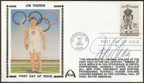 John Elway Signed Jim Thorpe USPS FDI FDC Gateway Stamp Cachet Denver Broncos