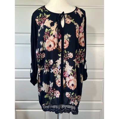 Daniel Rainn Floral Flowy Tunic Top Keyhole Long Sleeve Blouse Plus Size 1X