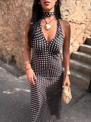 Zara ZW Collection Long Flared Halter Polka Dot Dress Brown Size L