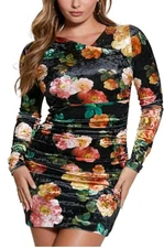 Guess Womens Tess Velvet Floral Print Bodycon Dress Sz S Peony Charm Print Black
