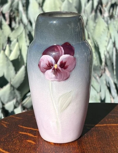 WELLER ETNA AMERICAN ART POTTERY VASE PANSY FLOWER FLORAL DECORATED OHIO ANTIQUE