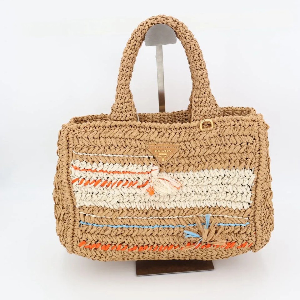 PRADA Raffia Tote Bag Straw Basket Woven Handbag Brown Summer Designer Luxury