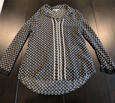 Hem & Thread Women's Size Sm Geometric Button-Up Blouse Black White