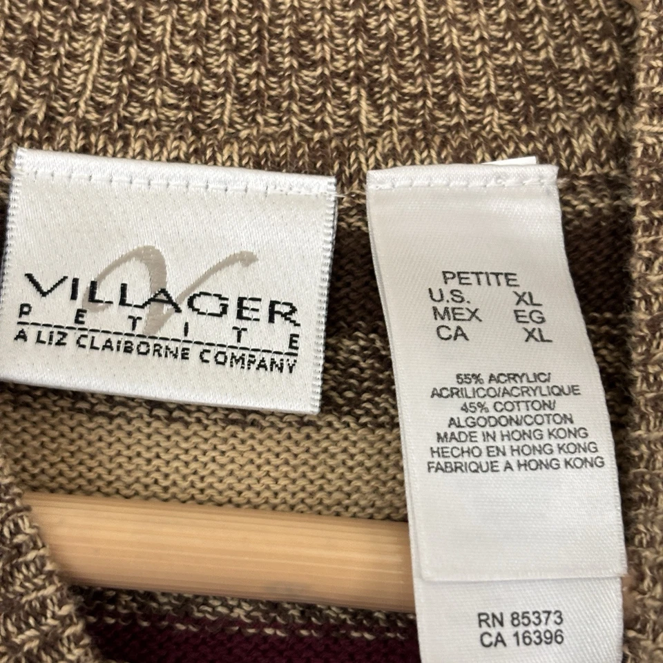 Villager Petite Liz Claiborne 毛衣背心女式 XL 条纹棕色深色学院 — 第 3/4 张图片