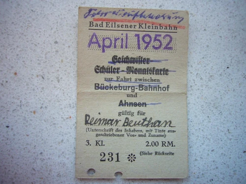 143) Alter Fahrschein 1952 BAD EILSENER Kleinbahn, Geschwister-Schüler-Monatskar