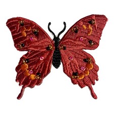 BUTTERFLY IRON ON PATCH EMBROIDERED WITH BEAUTIFUL BEADS  Pink/red So Pretty 