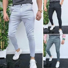 Summer Mens Plaid Striped Pencil Pants Formal Business Long Skinny Trousers
