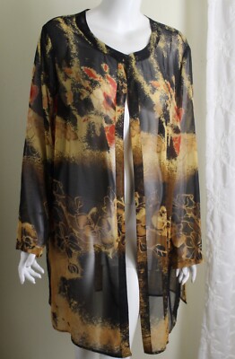Roman's 1X 2X Rad Funky Artsy Black Gold Chiffon Tunic Jacket Topper Lagenlook